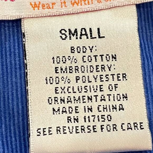 Quacker Factory Blue Corduroy Embroidered Button Down Shirt, Apple Print, Size S - Picture 10 of 13